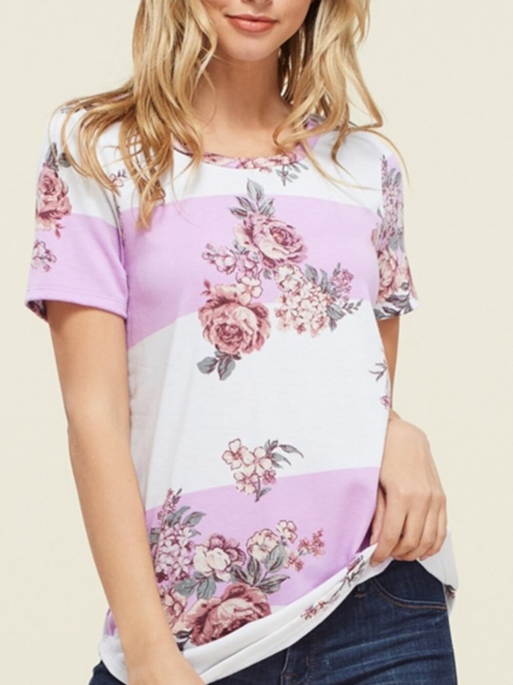 Viamor Floral Stripe Tee | Lavender/White | NWOT | S–L | Made in USA